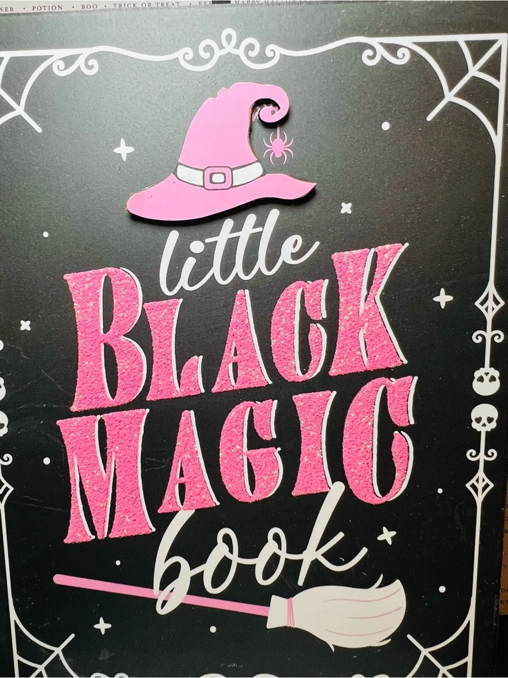 Little Black Magic Book Wooden Decor - Pink & Black Halloween Library Bookstore